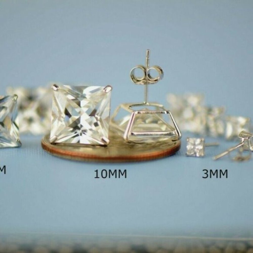 Solid 14k White Gold Princess Cut Clear Basket Push Back Stud Earrings Sz10x10mm - Picture 8 of 10